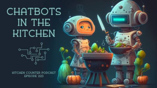 Cartoon image of two robots in a futuristic kitchen.